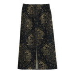 Chinese Koi Carp Pattern Print Cotton Front Slit Maxi Skirt