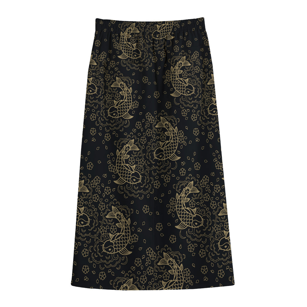 Chinese Koi Carp Pattern Print Cotton Front Slit Maxi Skirt
