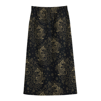 Chinese Koi Carp Pattern Print Cotton Front Slit Maxi Skirt