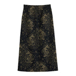 Chinese Koi Carp Pattern Print Cotton Front Slit Maxi Skirt