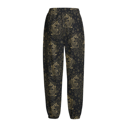 Chinese Koi Carp Pattern Print Fleece Lined Knit Pants