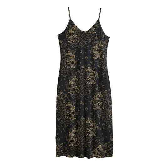 Chinese Koi Carp Pattern Print Jersey Midi Cami Dress