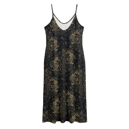 Chinese Koi Carp Pattern Print Jersey Midi Cami Dress