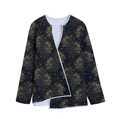Chinese Koi Carp Pattern Print Long Sleeve Short Coat
