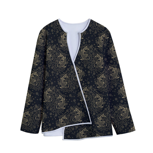 Chinese Koi Carp Pattern Print Long Sleeve Short Coat