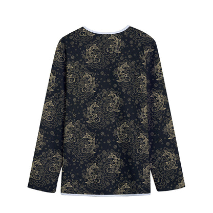 Chinese Koi Carp Pattern Print Long Sleeve Short Coat