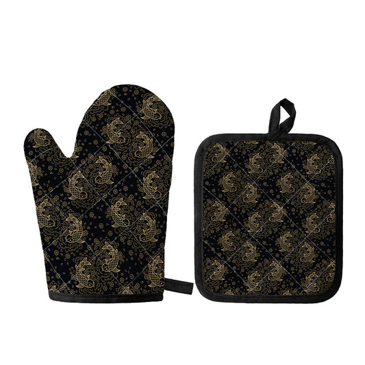 Chinese Koi Carp Pattern Print Oven Mitt And Pot Holder Set