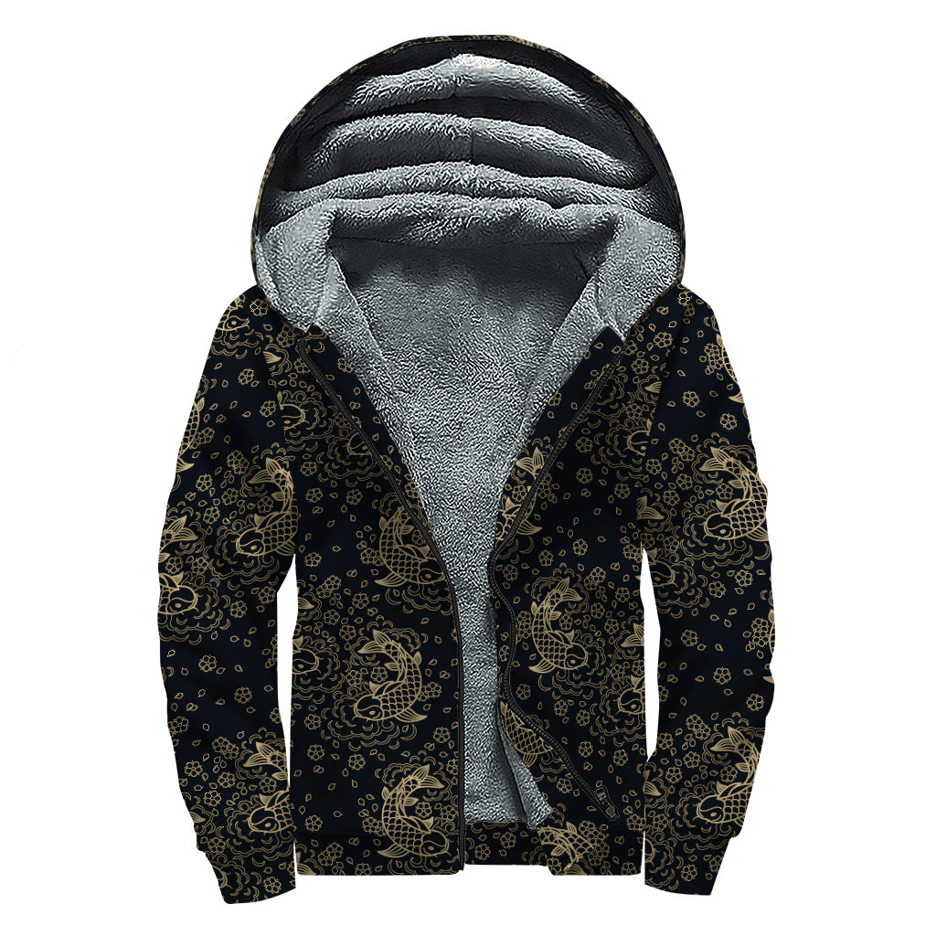 Chinese Koi Carp Pattern Print Sherpa Lined Zip Up Hoodie