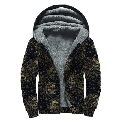 Chinese Koi Carp Pattern Print Sherpa Lined Zip Up Hoodie