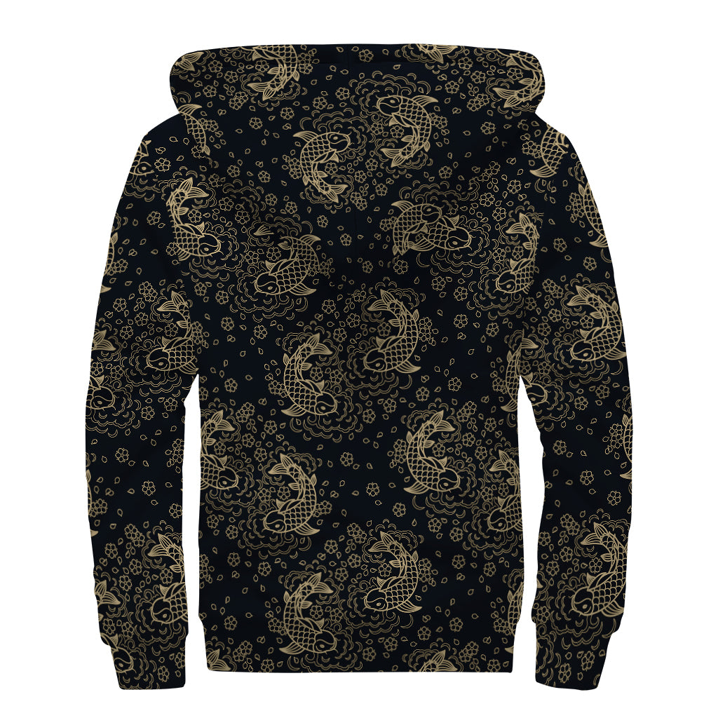 Chinese Koi Carp Pattern Print Sherpa Lined Zip Up Hoodie