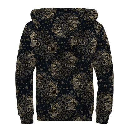 Chinese Koi Carp Pattern Print Sherpa Lined Zip Up Hoodie