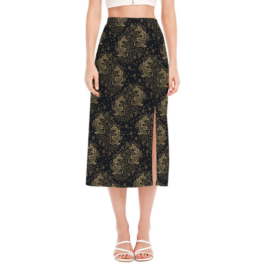 Chinese Koi Carp Pattern Print Side Slit Midi Skirt