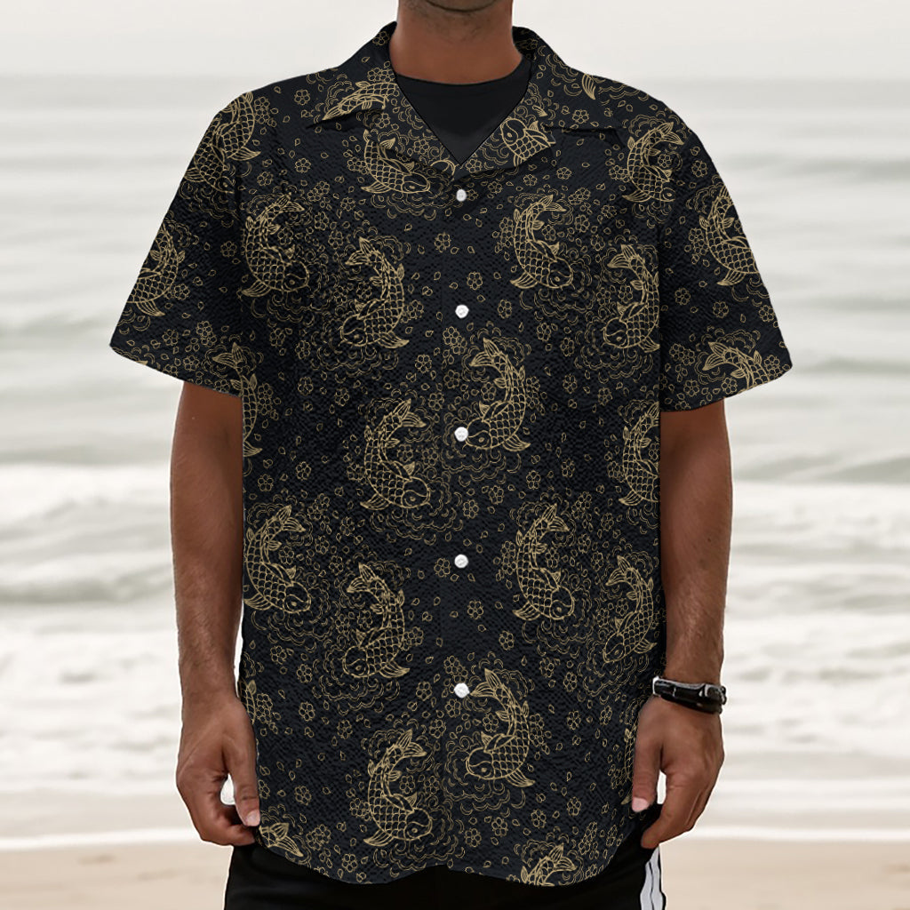 Chinese Koi Carp Pattern Print Textured Short Sleeve Shirt