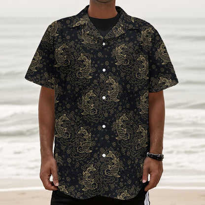 Chinese Koi Carp Pattern Print Textured Short Sleeve Shirt