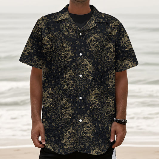 Chinese Koi Carp Pattern Print Textured Short Sleeve Shirt