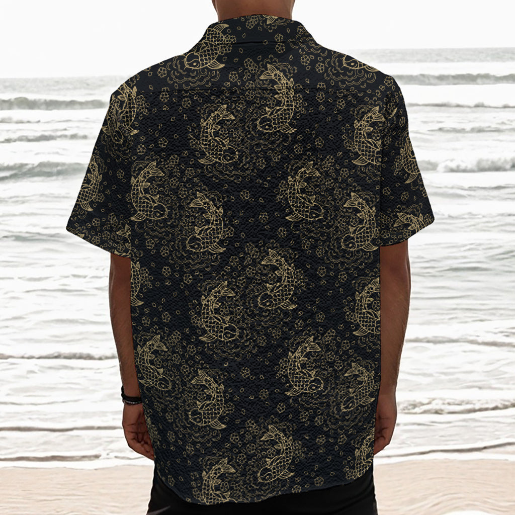 Chinese Koi Carp Pattern Print Textured Short Sleeve Shirt