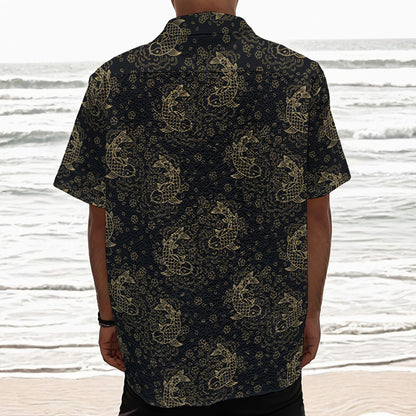 Chinese Koi Carp Pattern Print Textured Short Sleeve Shirt