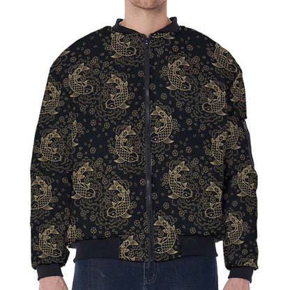 Chinese Koi Carp Pattern Print Zip Sleeve Bomber Jacket