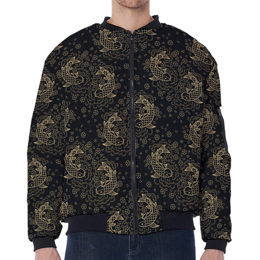 Chinese Koi Carp Pattern Print Zip Sleeve Bomber Jacket