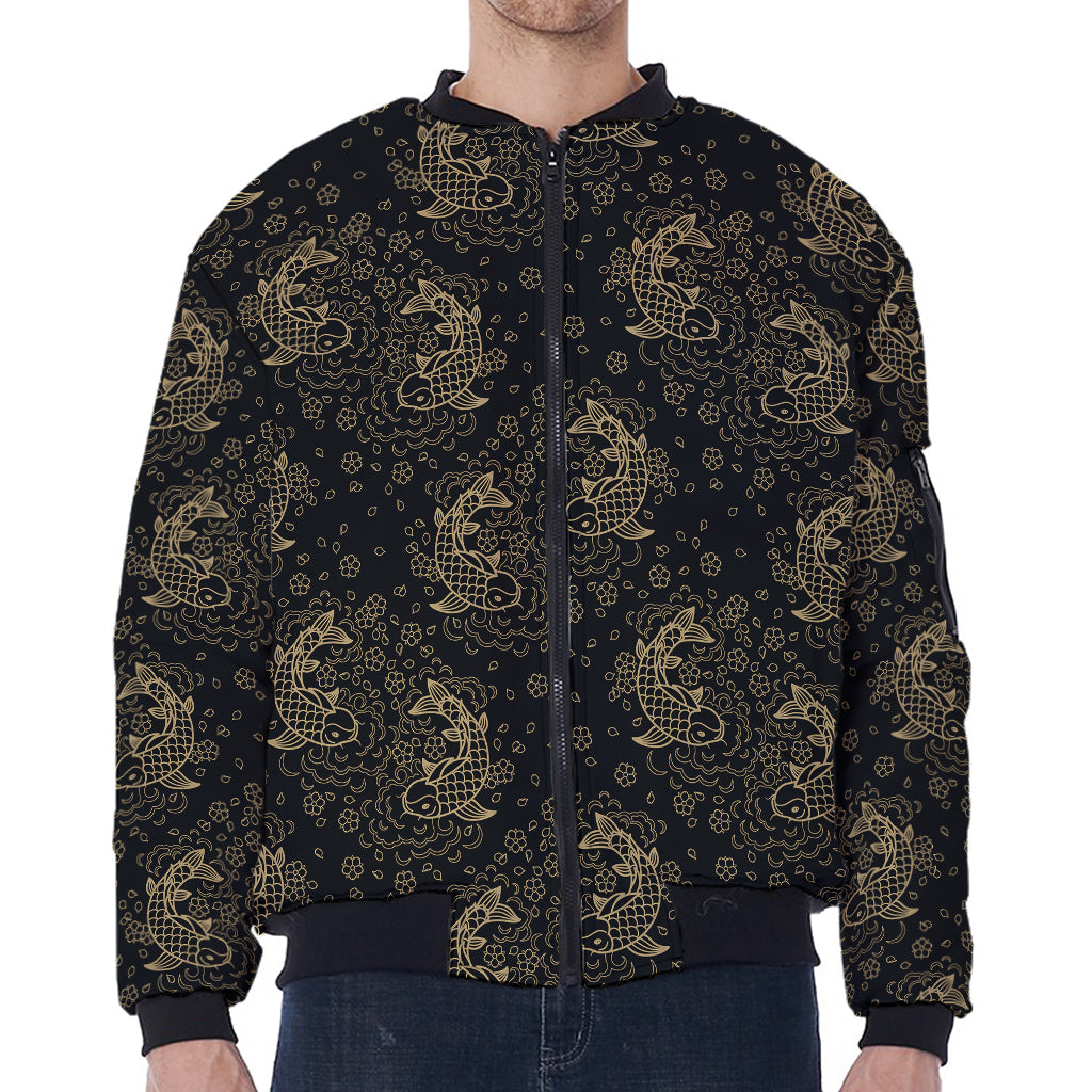 Chinese Koi Carp Pattern Print Zip Sleeve Bomber Jacket