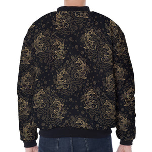 Chinese Koi Carp Pattern Print Zip Sleeve Bomber Jacket