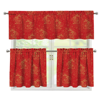 Chinese Koi Fish Pattern Print 3 Piece Kitchen Curtains