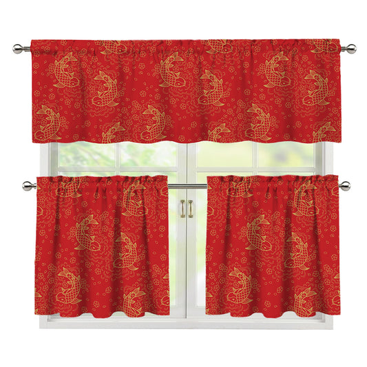 Chinese Koi Fish Pattern Print 3 Piece Kitchen Curtains