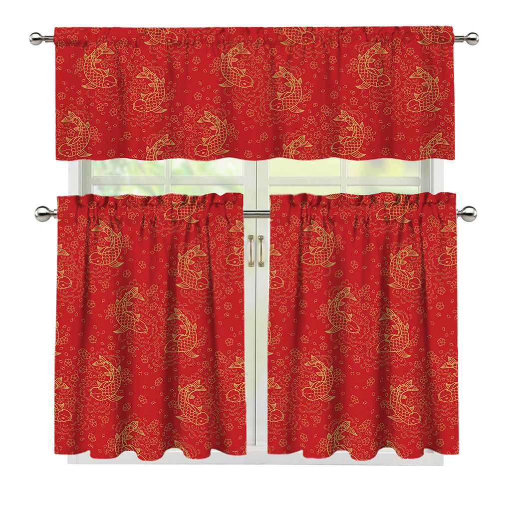 Chinese Koi Fish Pattern Print 3 Piece Kitchen Curtains