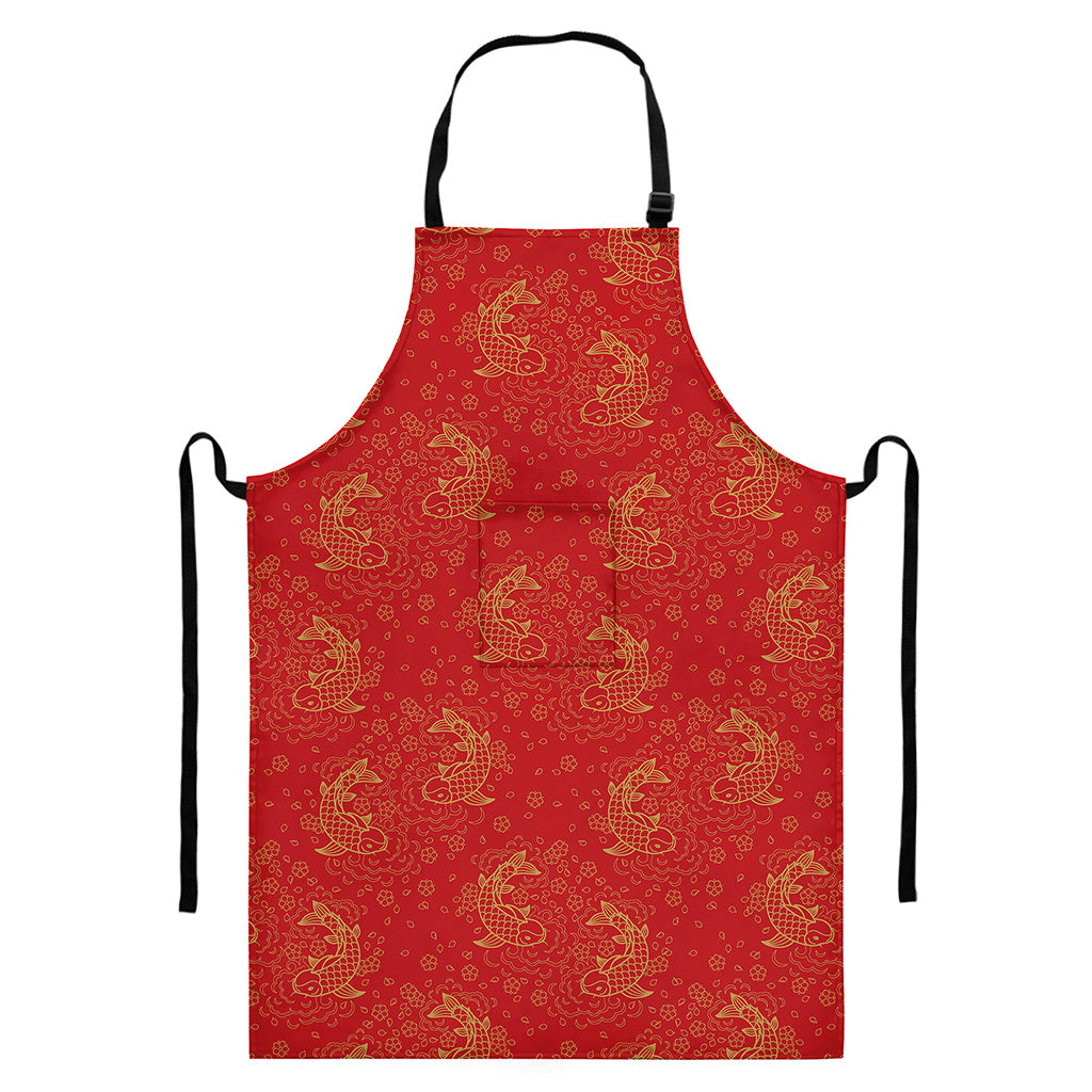 Chinese Koi Fish Pattern Print Bib Apron With Pocket
