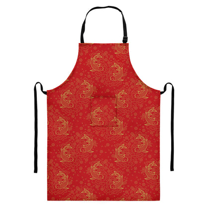 Chinese Koi Fish Pattern Print Bib Apron With Pocket