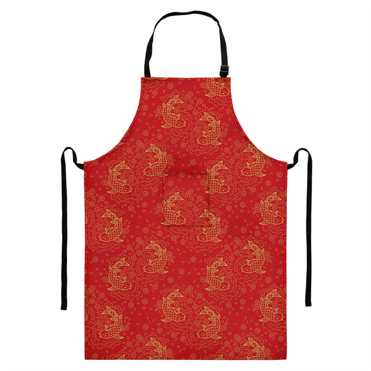 Chinese Koi Fish Pattern Print Bib Apron With Pocket