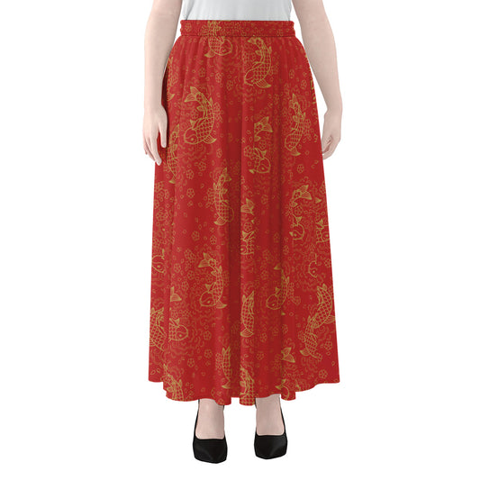Chinese Koi Fish Pattern Print Chiffon Maxi Skirt