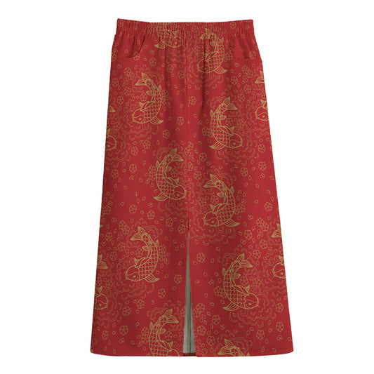 Chinese Koi Fish Pattern Print Cotton Front Slit Maxi Skirt