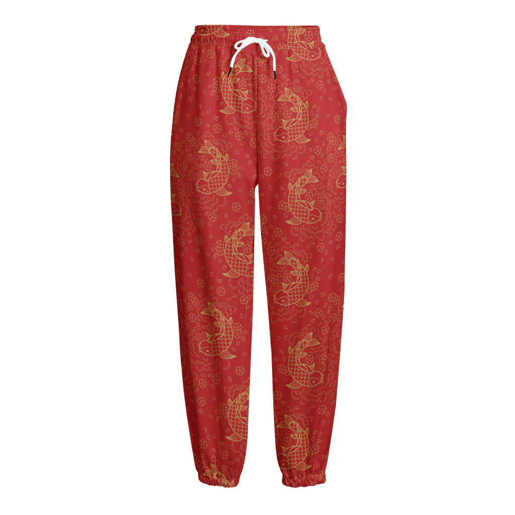 Chinese Koi Fish Pattern Print Fleece Lined Knit Pants