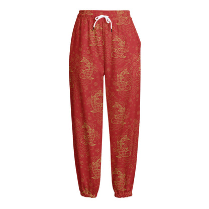 Chinese Koi Fish Pattern Print Fleece Lined Knit Pants