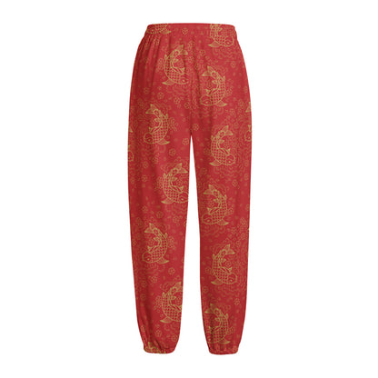 Chinese Koi Fish Pattern Print Fleece Lined Knit Pants