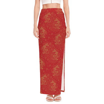 Chinese Koi Fish Pattern Print High Slit Maxi Skirt