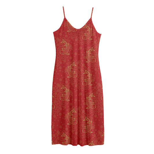 Chinese Koi Fish Pattern Print Jersey Midi Cami Dress