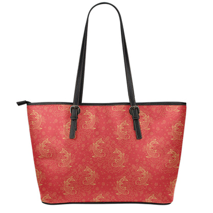 Chinese Koi Fish Pattern Print Leather Tote Bag