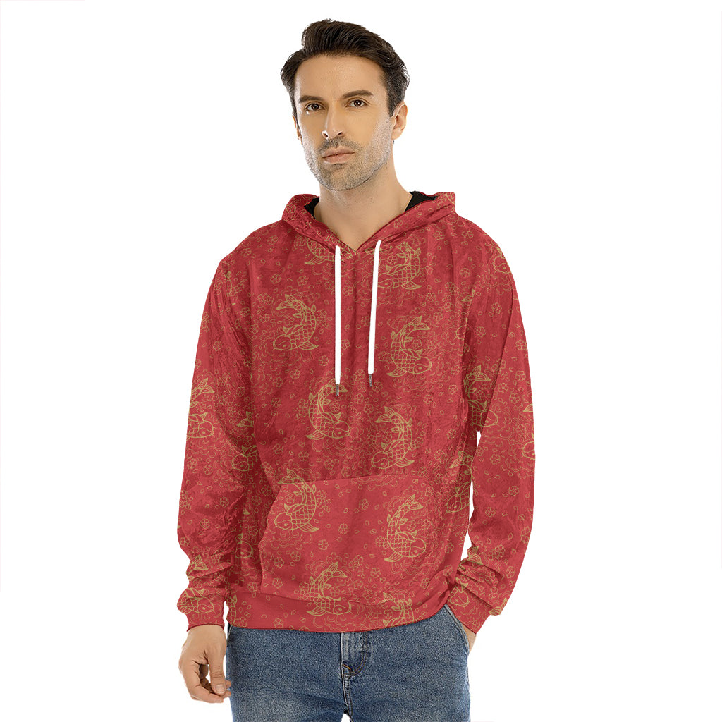 Chinese Koi Fish Pattern Print Men's Velvet Pullover Hoodie