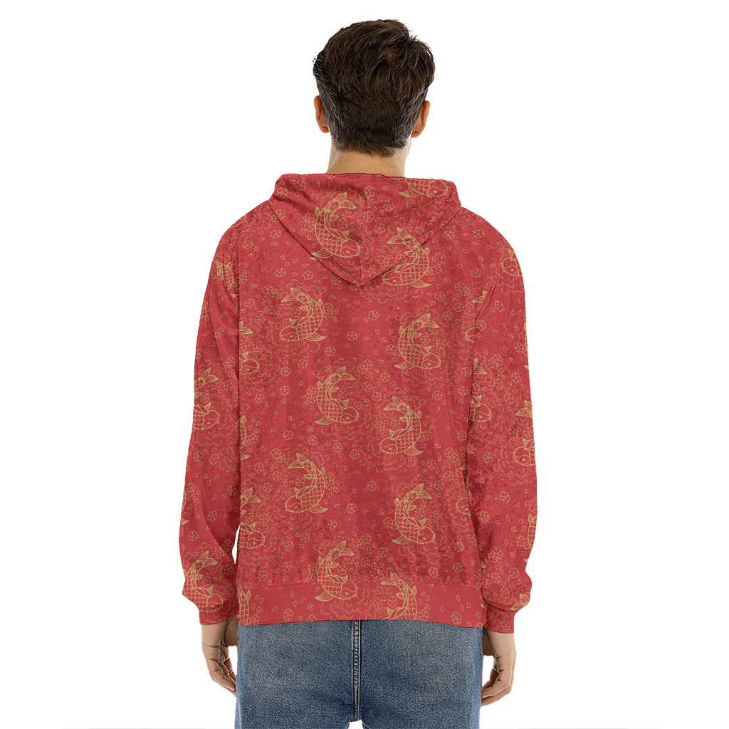 Chinese Koi Fish Pattern Print Men's Velvet Pullover Hoodie