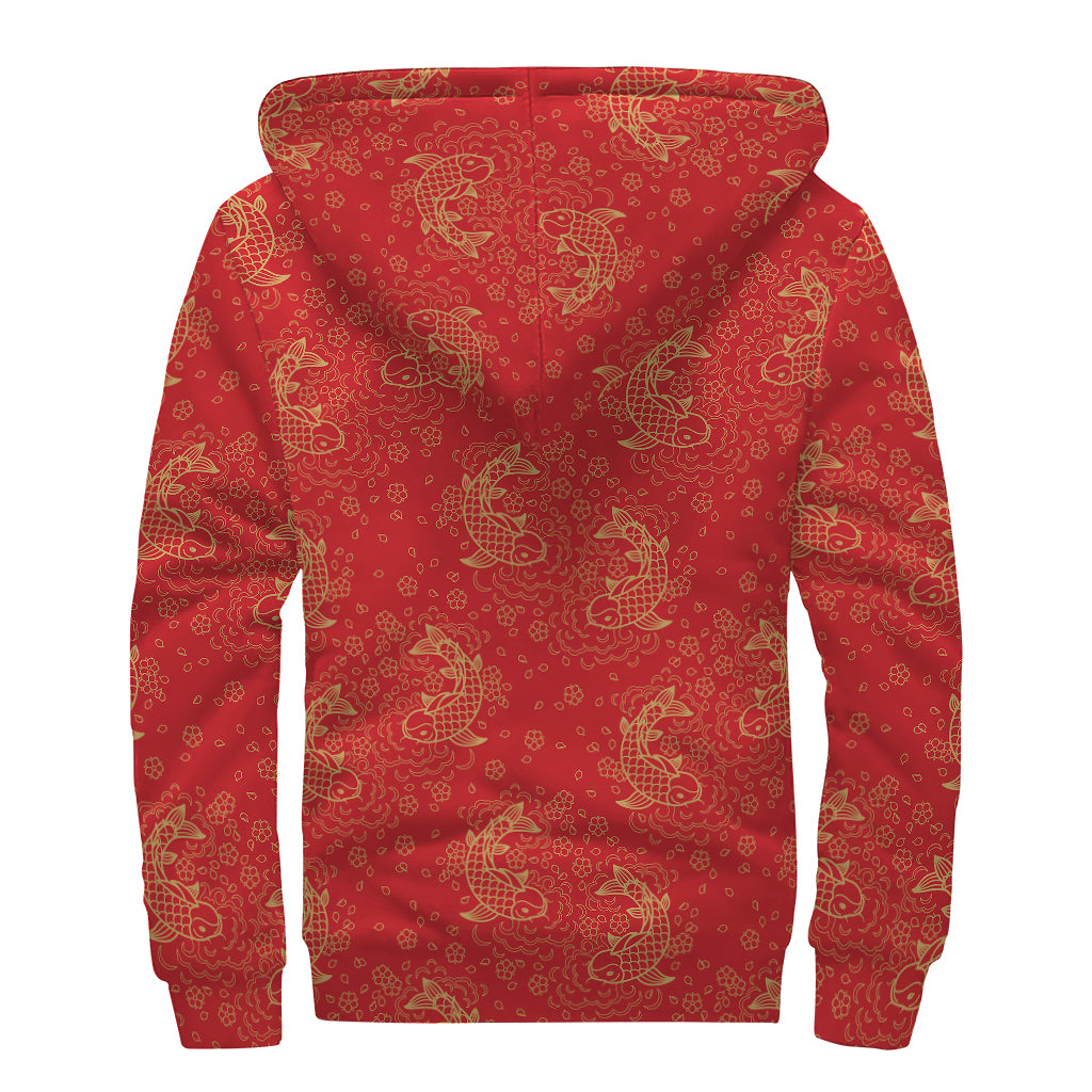 Chinese Koi Fish Pattern Print Sherpa Lined Zip Up Hoodie