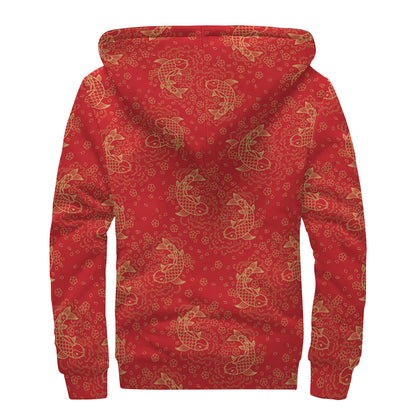 Chinese Koi Fish Pattern Print Sherpa Lined Zip Up Hoodie