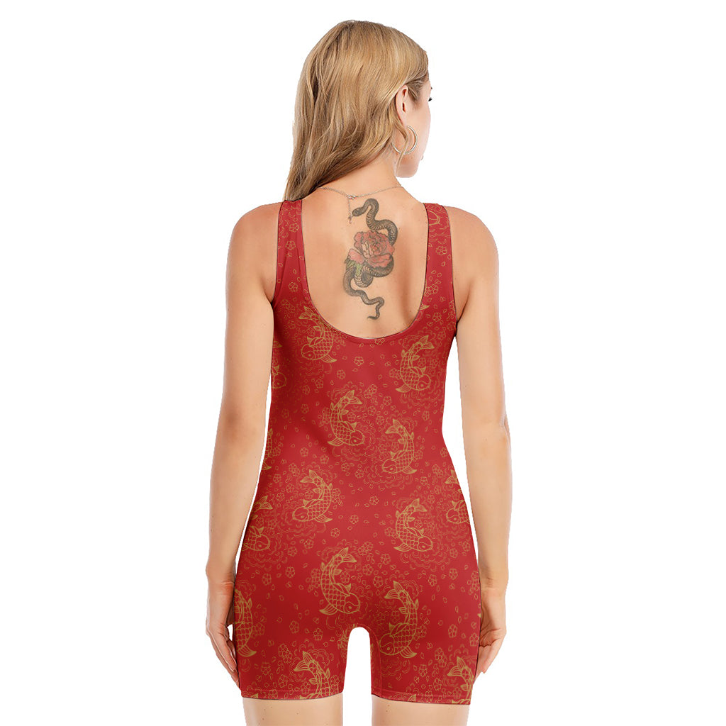 Chinese Koi Fish Pattern Print Sleeveless One Piece Swimsuit
