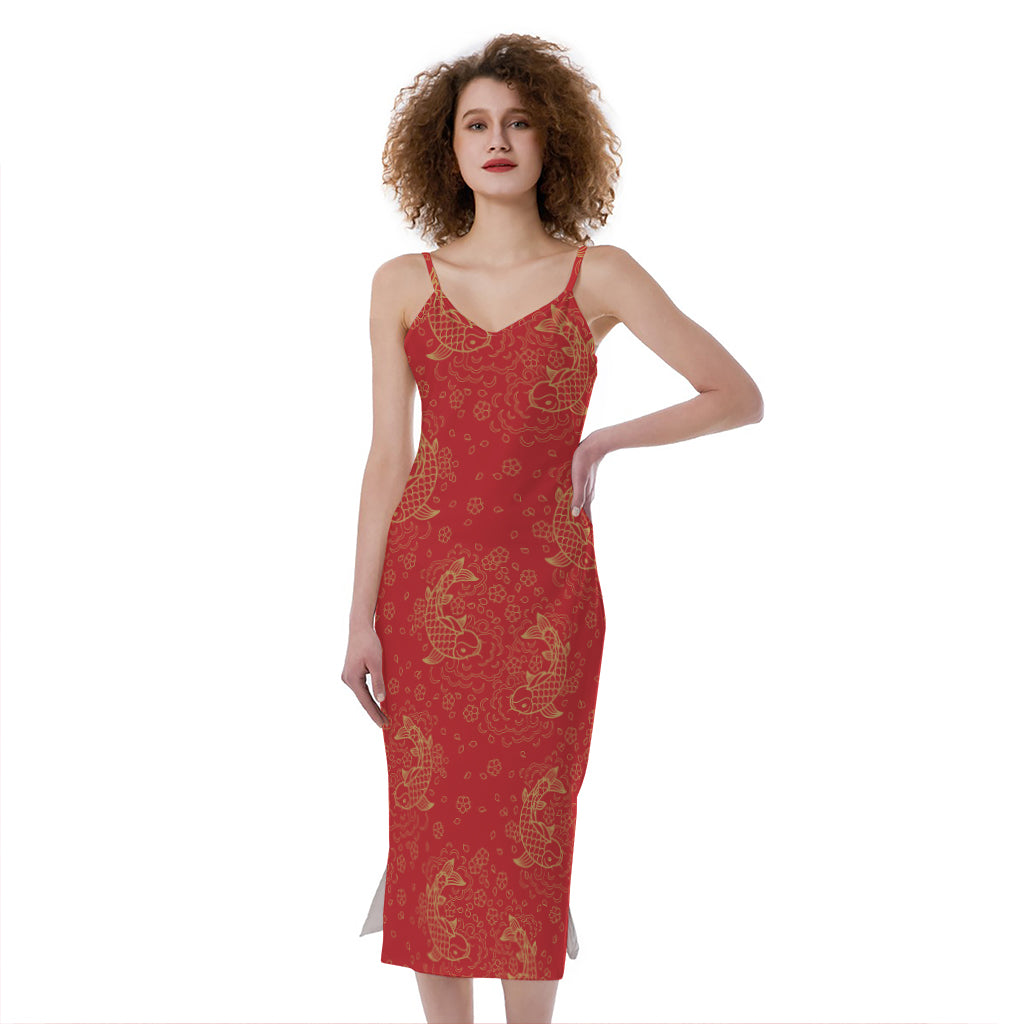 Chinese Koi Fish Pattern Print Slim Fit Midi Cami Dress