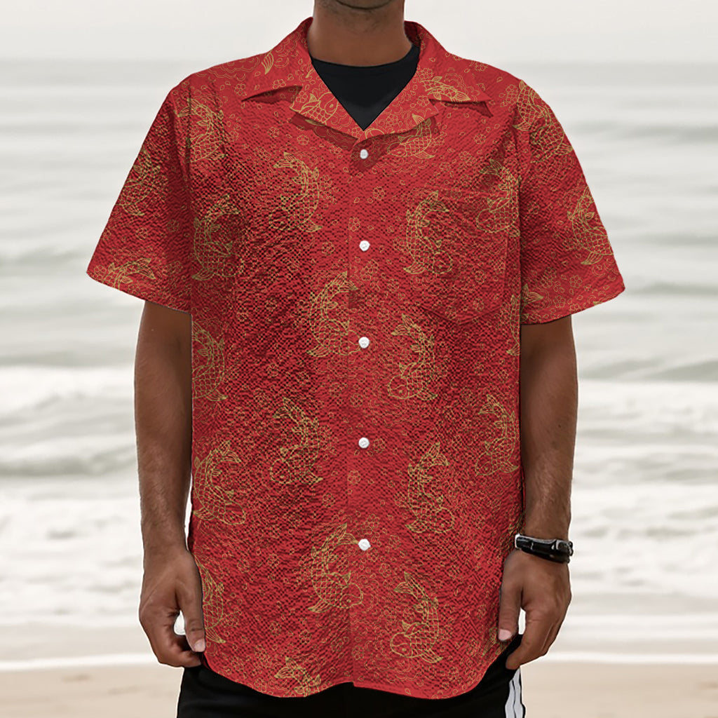 Chinese Koi Fish Pattern Print Textured Short Sleeve Shirt