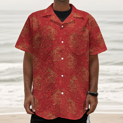 Chinese Koi Fish Pattern Print Textured Short Sleeve Shirt