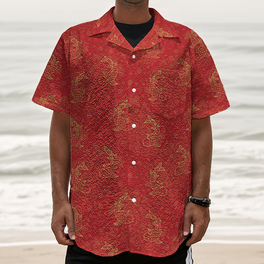 Chinese Koi Fish Pattern Print Textured Short Sleeve Shirt