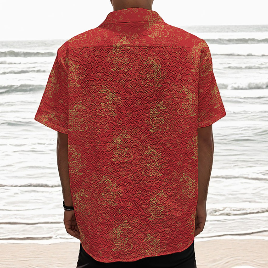 Chinese Koi Fish Pattern Print Textured Short Sleeve Shirt