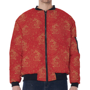 Chinese Koi Fish Pattern Print Zip Sleeve Bomber Jacket